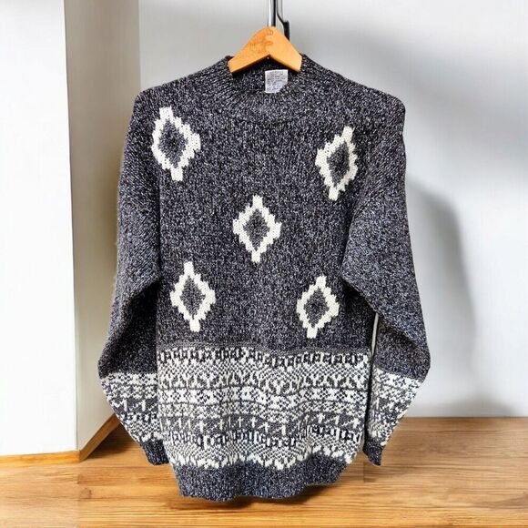 Vtg Mock Neck Wool Blend Grandma Tunic Sweater Gray Aztec Geometric Large - Picture 1 of 8